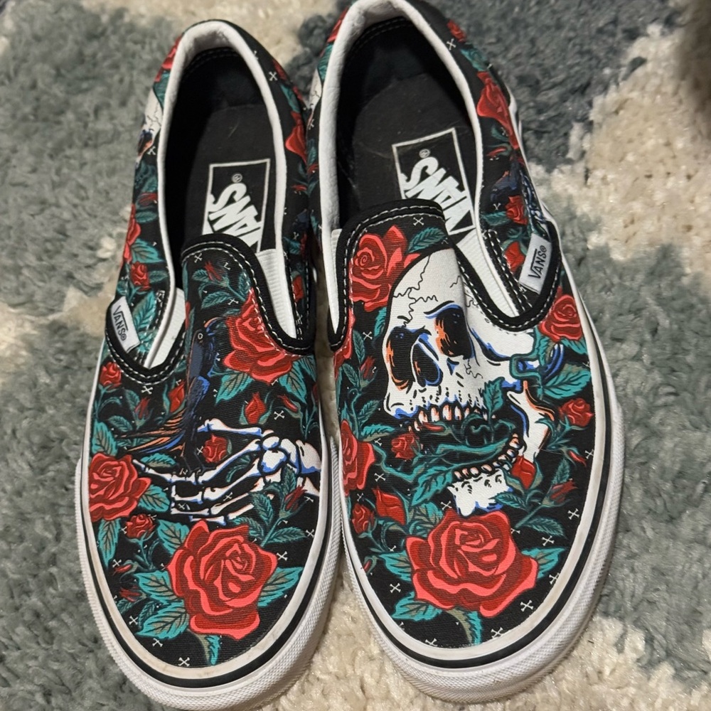 Vans Slip-On Shoes with Skull and Rose Design (Design Discontinued)